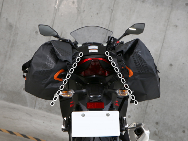 ターポリンサイドバッグシート幅の狭いSS（スーパースポーツ）系バイクへの装着方法画像